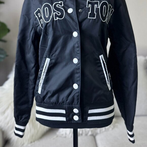 Womens Black & White Boston Varsity Letterman Divided H&M Satin Jacket 4 Small - Picture 2 of 5